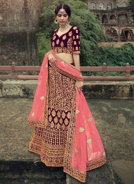 Wine Colour Exclusive Bridal Wedding Wear Satin Heavy Embroidery With Stone Work Lehenga Choli Collection 4512